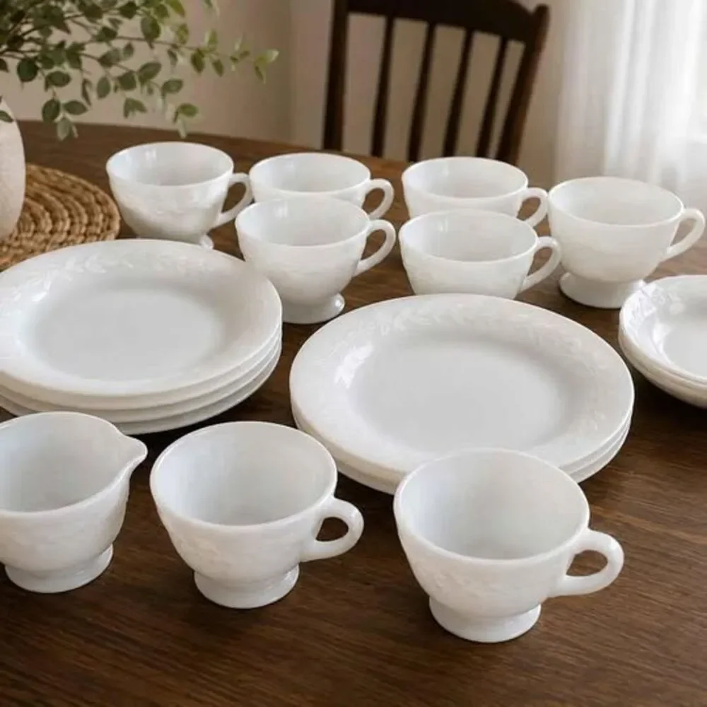 Vintage Fire King Laurel Milk Glass Dinnerware Set - 22 Pcs